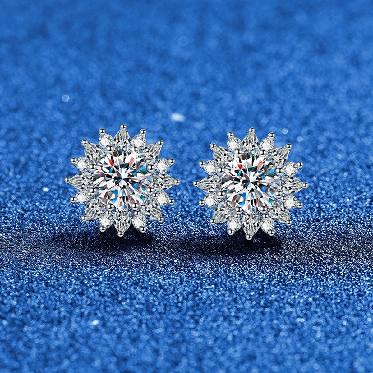 Sunburst Moissanite Stud Earrings with CZ in White Gold-Plated S925 blue scene angled view