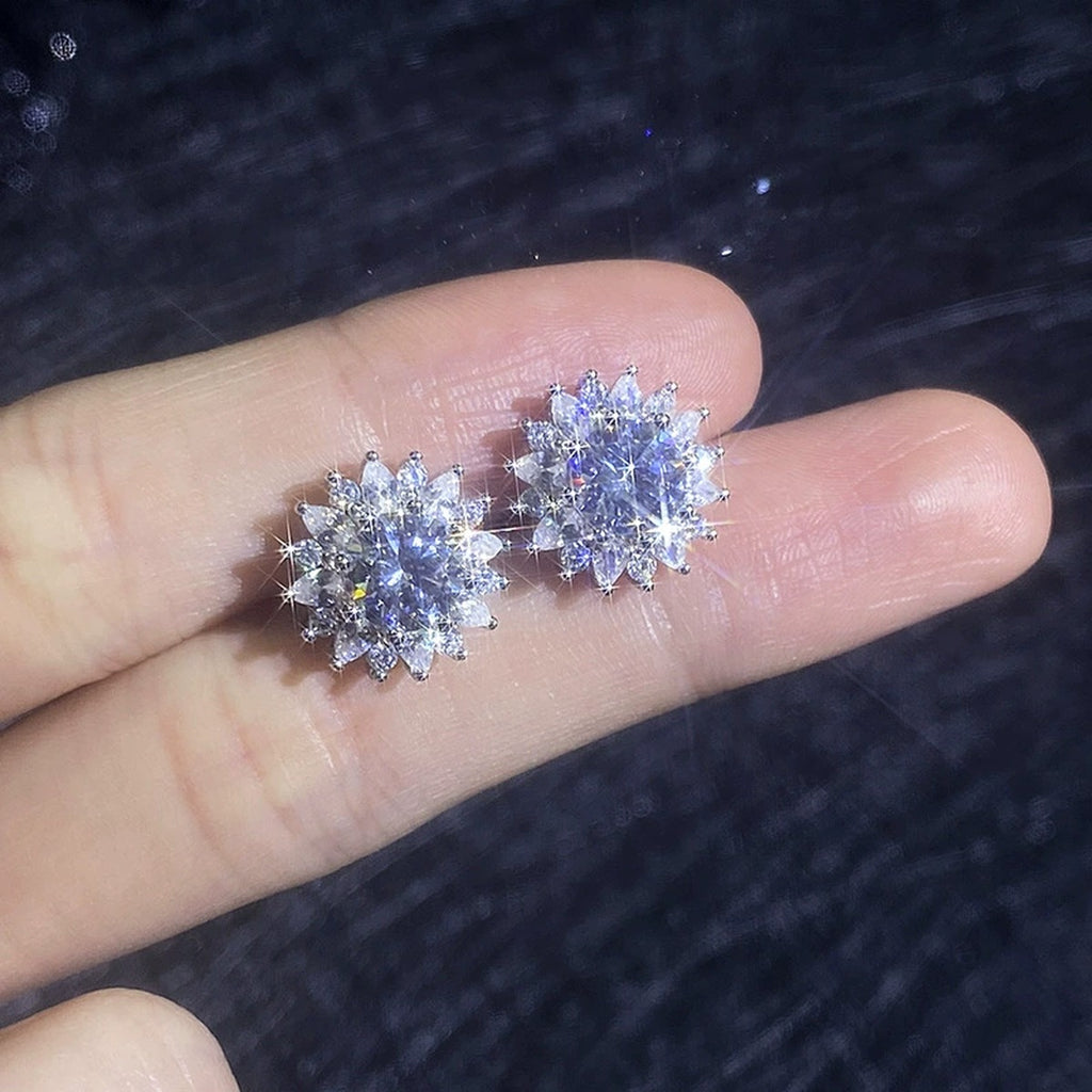 Sunburst Moissanite Stud Earrings with CZ in White Gold-Plated S925 close-up product detail view