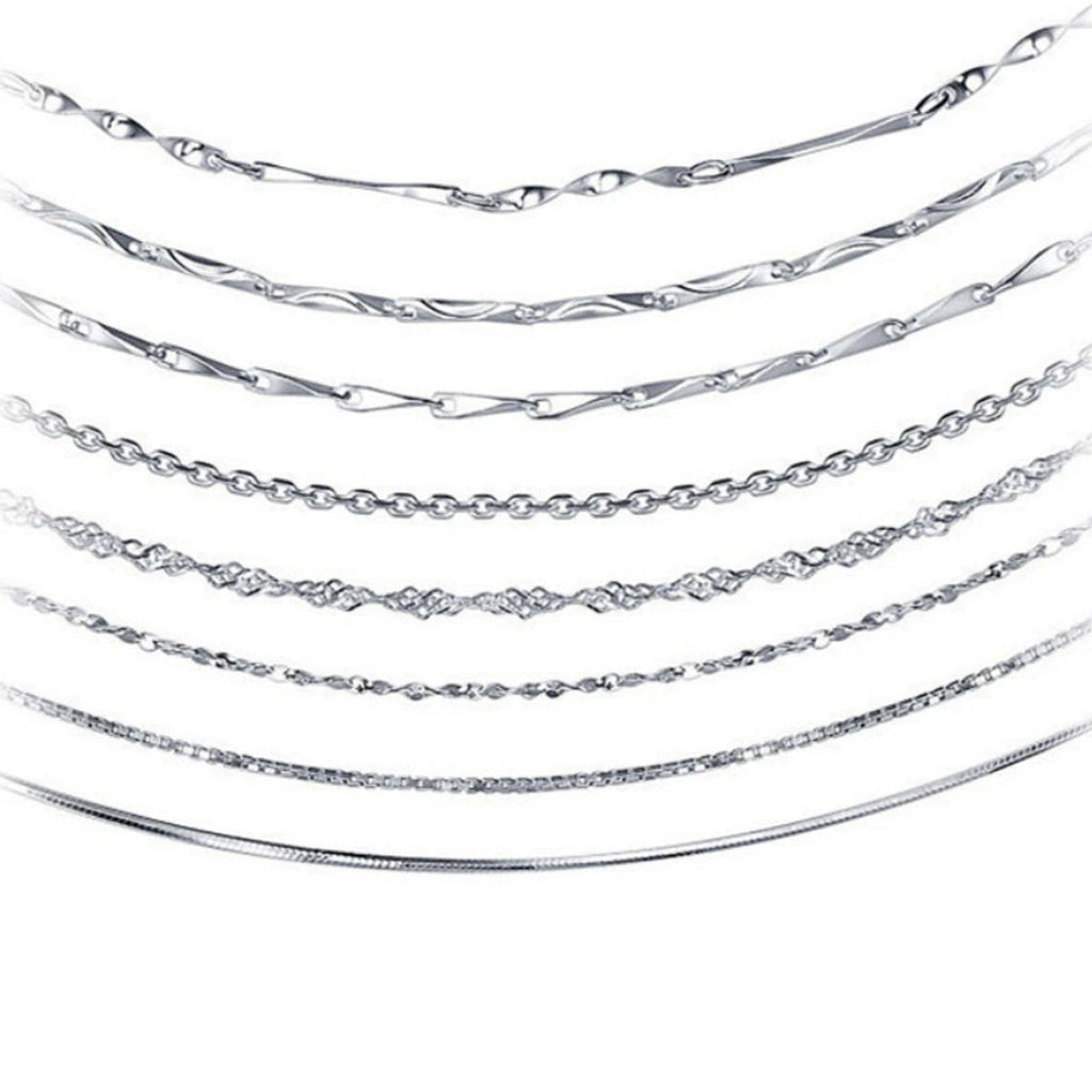 White Gold-Plated S925 sterling silver Chain Necklace white background product photo showing white gold-plated S925 sterling silver chain necklace offered in multiple chain styles and adjustable lengths