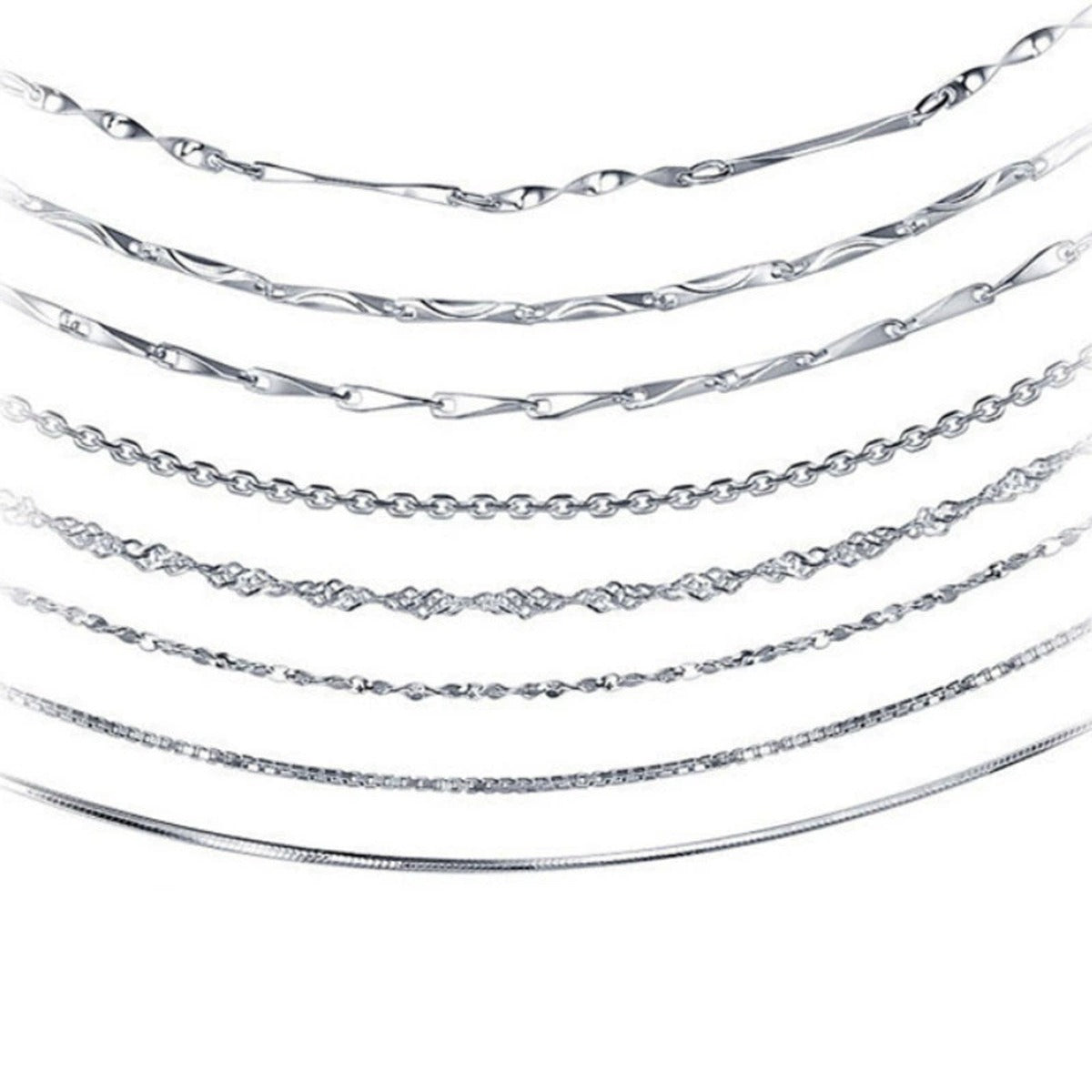 White Gold-Plated S925 sterling silver Chain Necklace white background product photo showing white gold-plated S925 sterling silver chain necklace offered in multiple chain styles and adjustable lengths