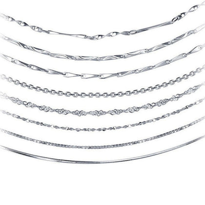 White Gold-Plated S925 sterling silver Chain Necklace white background product photo showing white gold-plated S925 sterling silver chain necklace offered in multiple chain styles and adjustable lengths