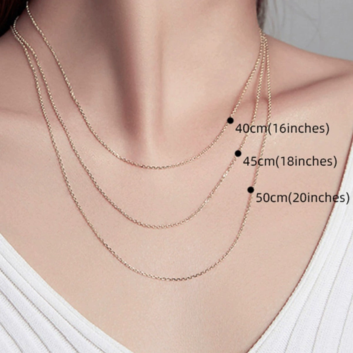 White Gold-Plated S925 sterling silver Chain Necklace neckline model view showing pendant scale and chain length
