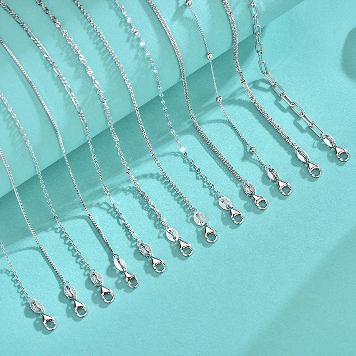 White Gold-Plated S925 sterling silver Chain Necklace blue display scene showing chain and stone layout