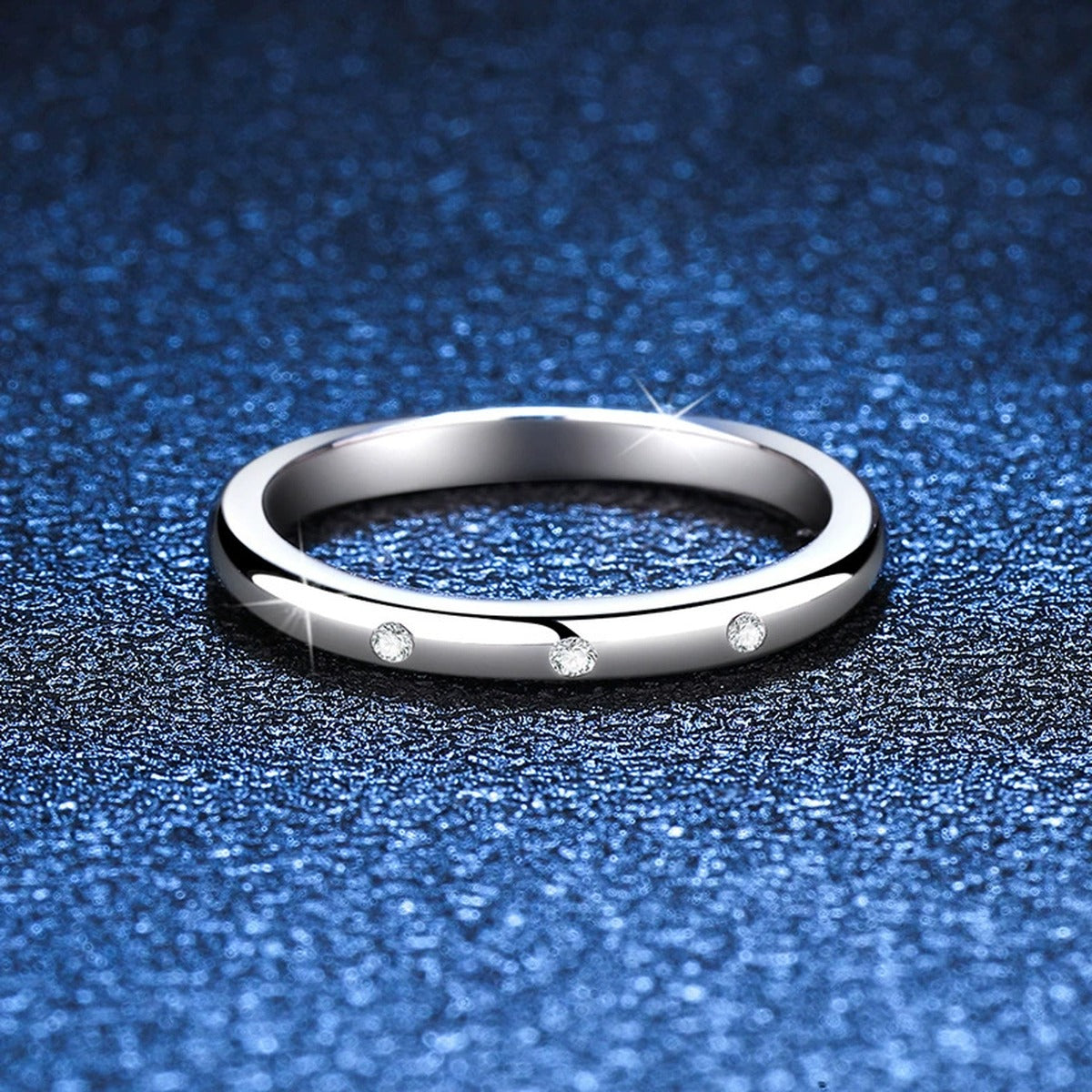 Minimal Flush Moissanite Band Ring blue background product view