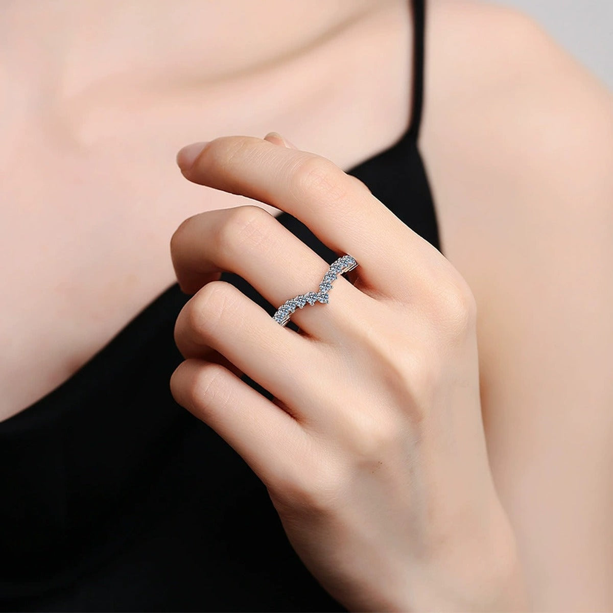 Round Crown Moissanite Band Ring worn on hand by model