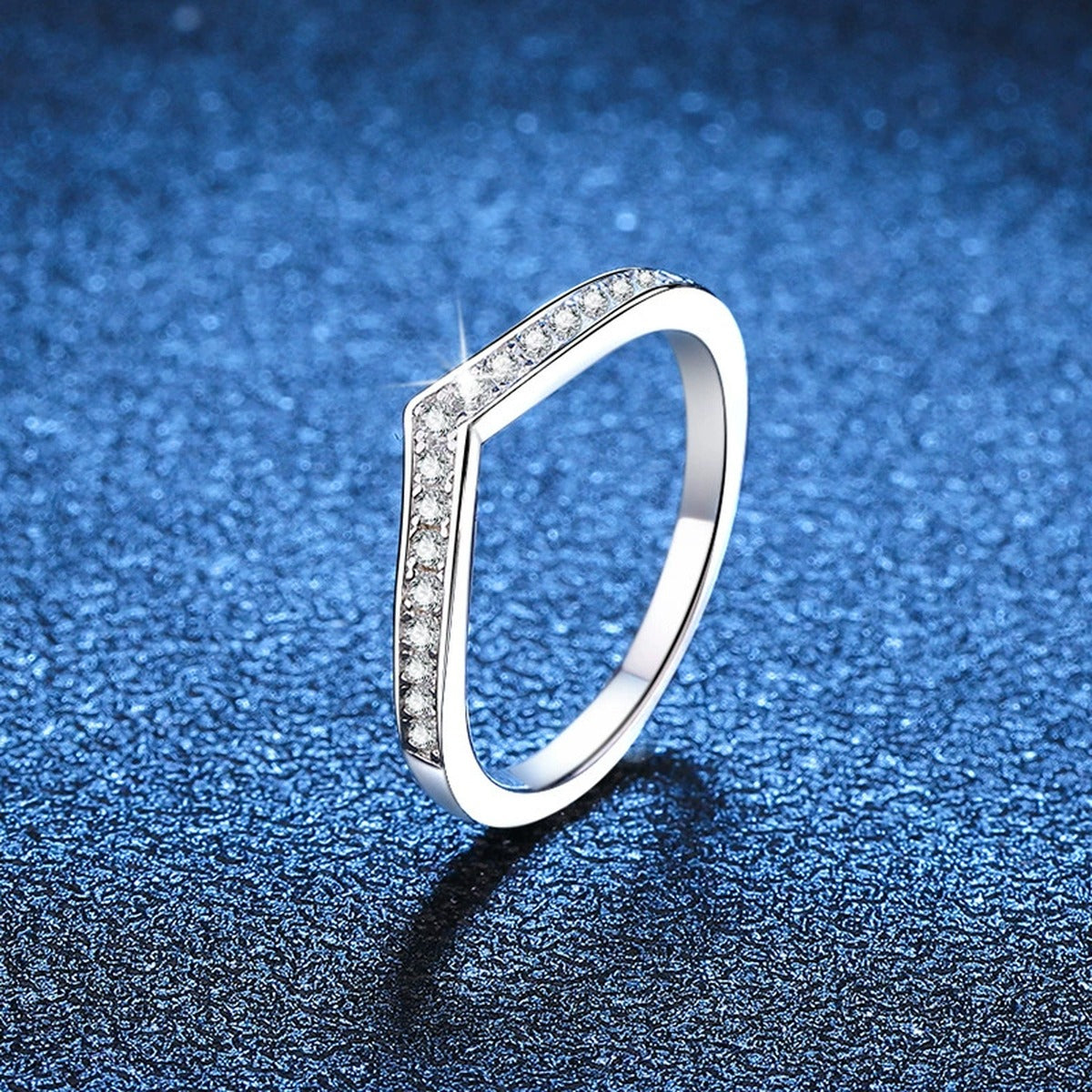 Chevron Moissanite Band Ring blue background product view