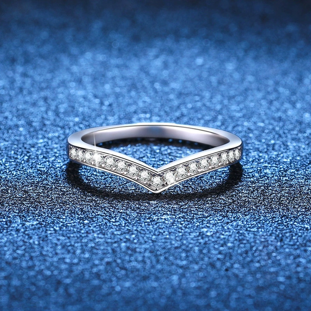 Chevron Moissanite Band Ring blue background product view