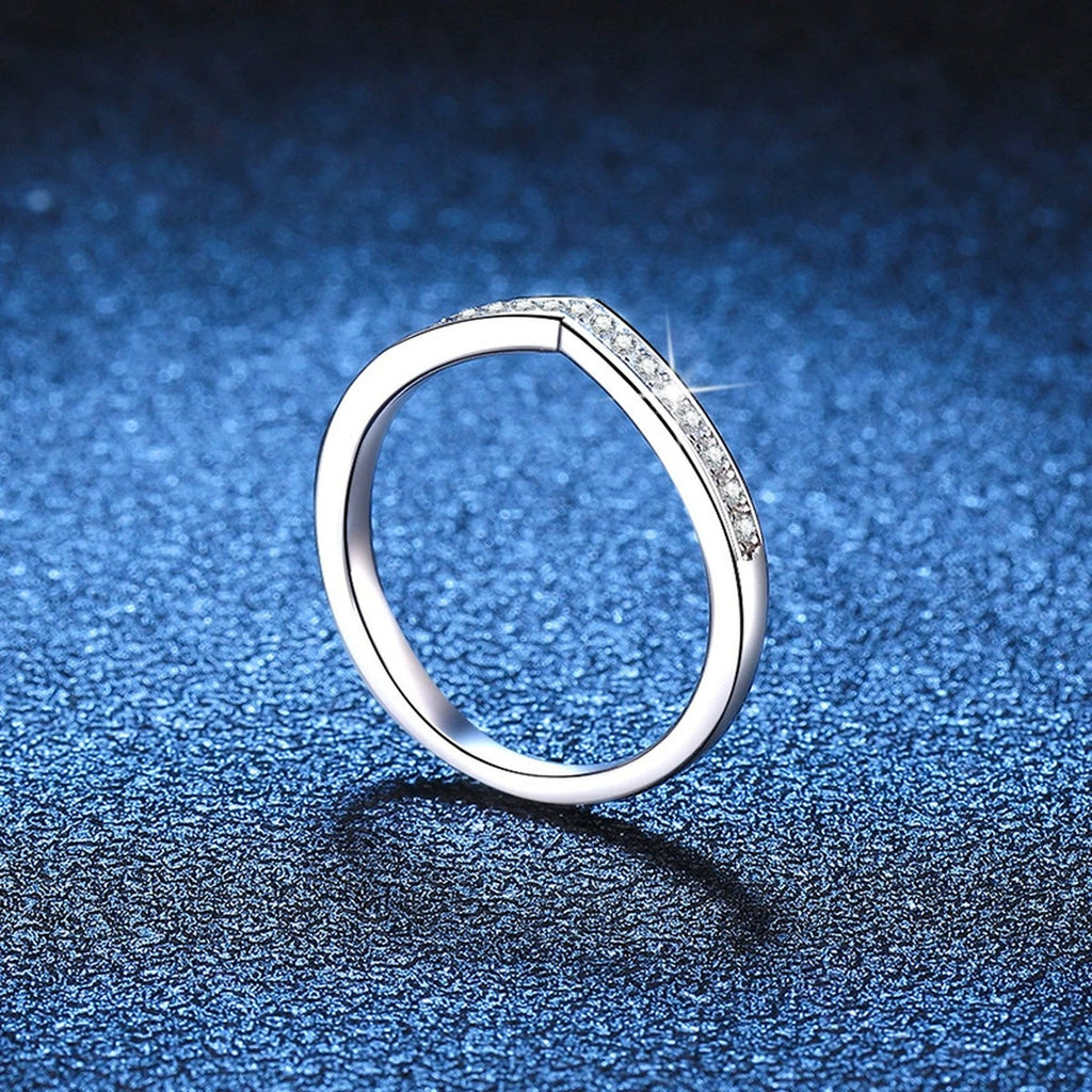 Chevron Moissanite Band Ring blue background product view
