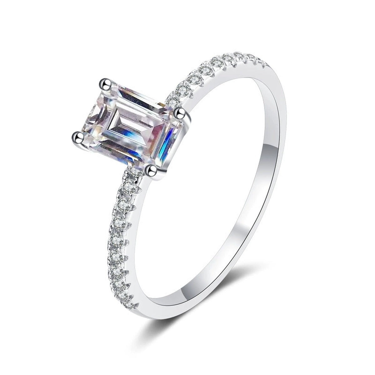 Emerald and Radiant Cut Moissanite Ring with CZ white background product image