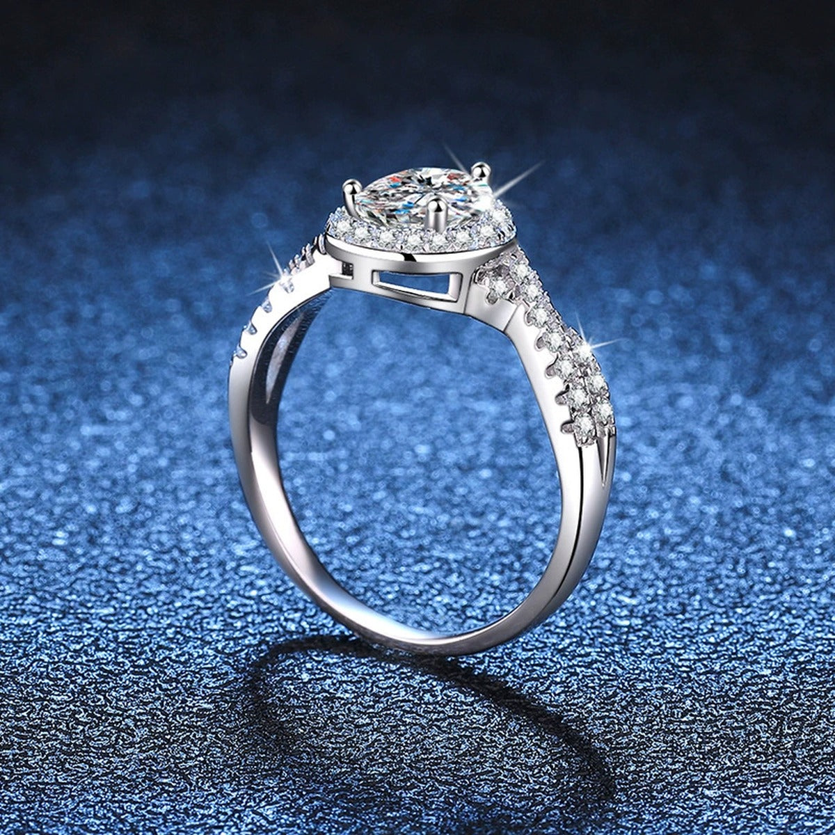 Cushion Halo Moissanite Engagement Ring with CZ blue background product view