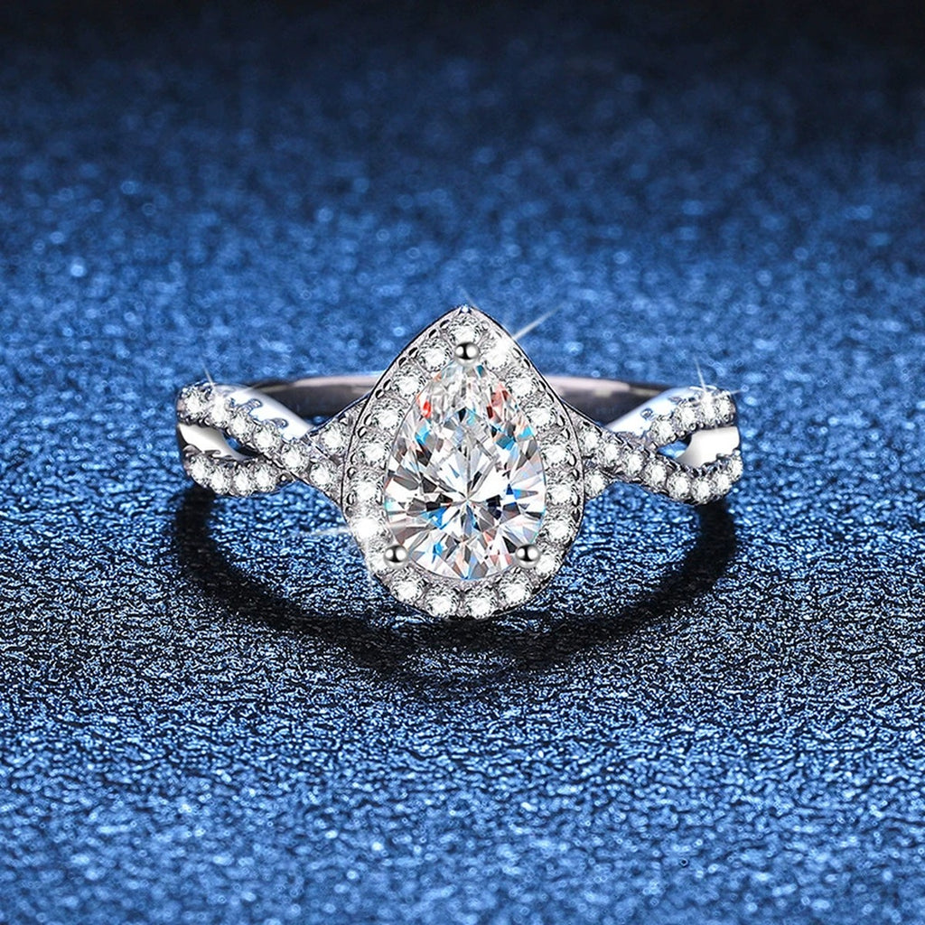Cushion Halo Moissanite Engagement Ring with CZ blue background product view