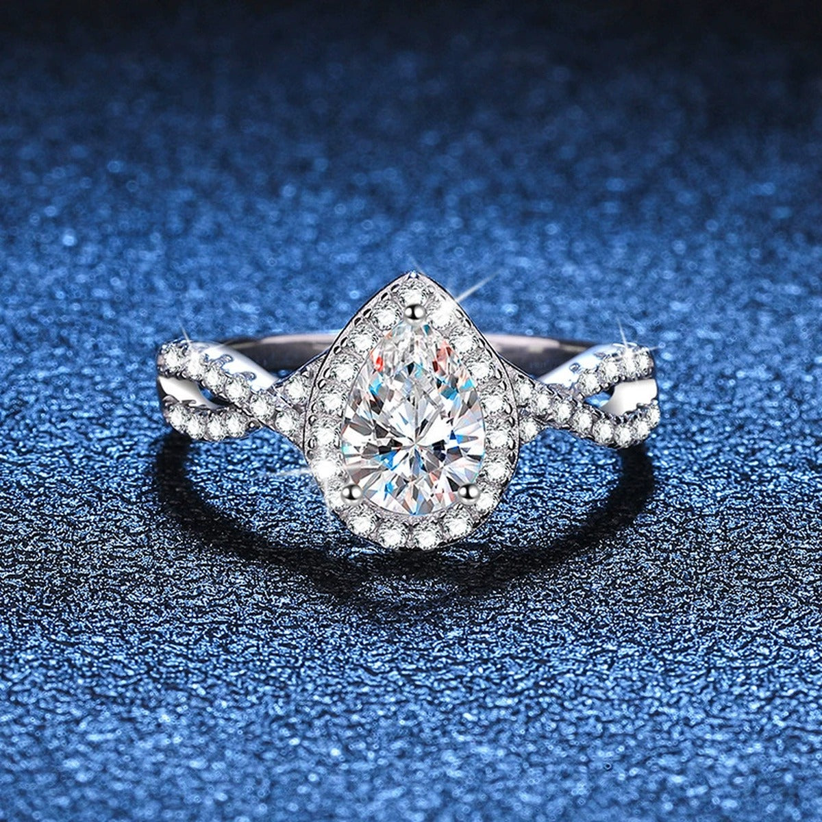 Cushion Halo Moissanite Engagement Ring with CZ blue background product view