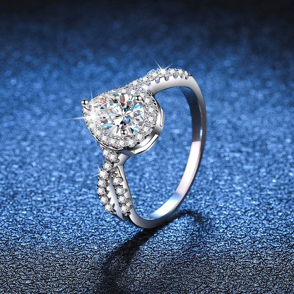 Cushion Halo Moissanite Engagement Ring with CZ blue background product view
