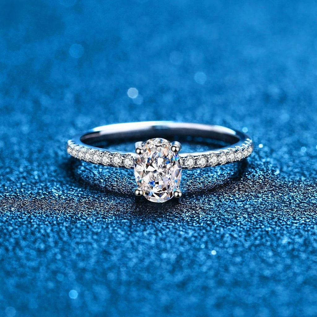 Radiant Cut Moissanite Engagement Ring with CZ blue background product view