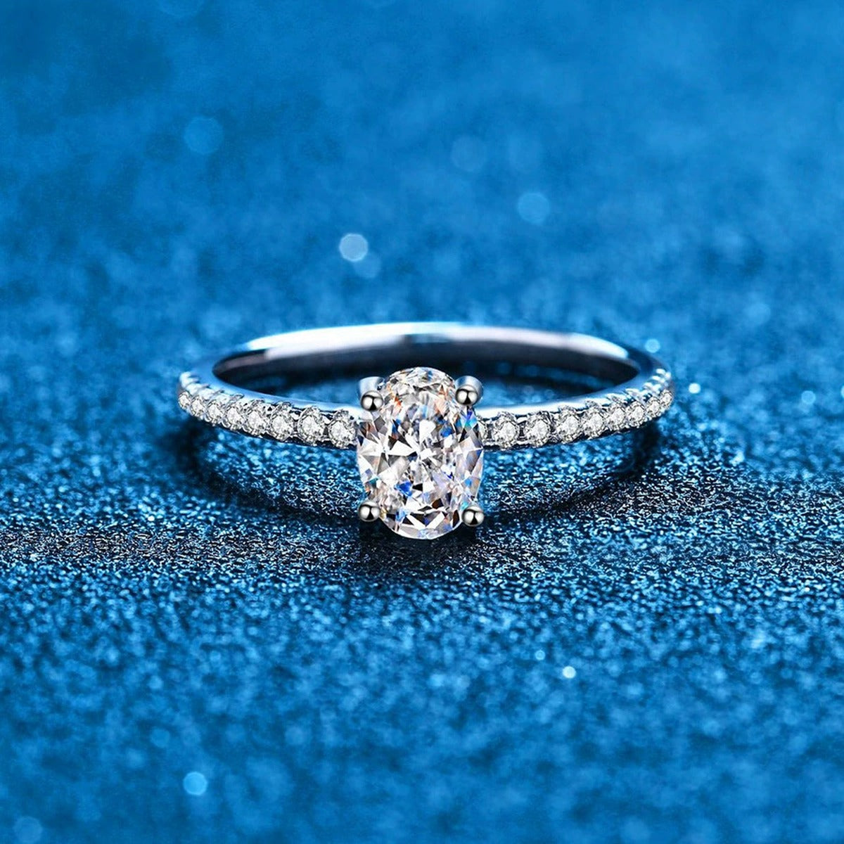 Radiant Cut Moissanite Engagement Ring with CZ blue background product view