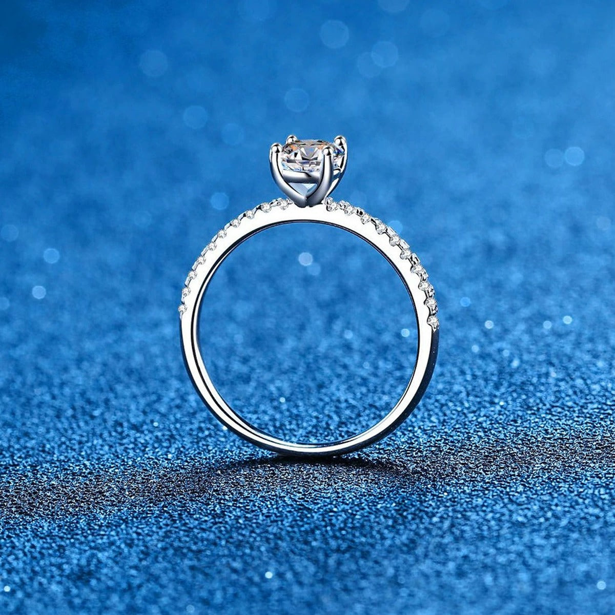 Radiant Cut Moissanite Engagement Ring with CZ blue background product view