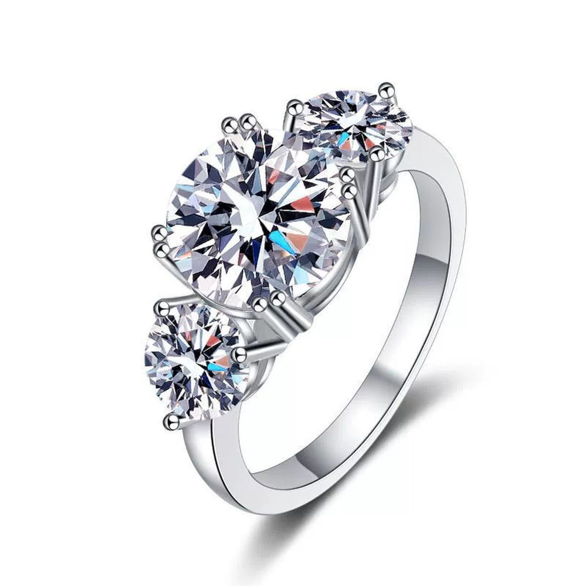 Three Stone Moissanite Engagement Ring white background product image