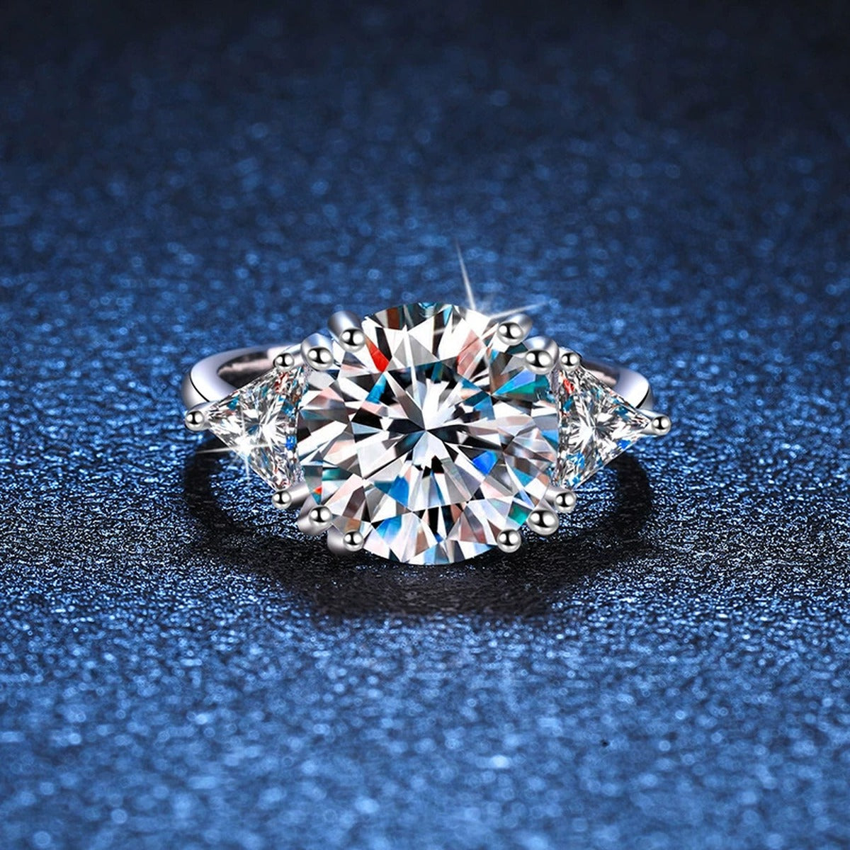 Round Halo Moissanite Engagement Ring with CZ blue background product view