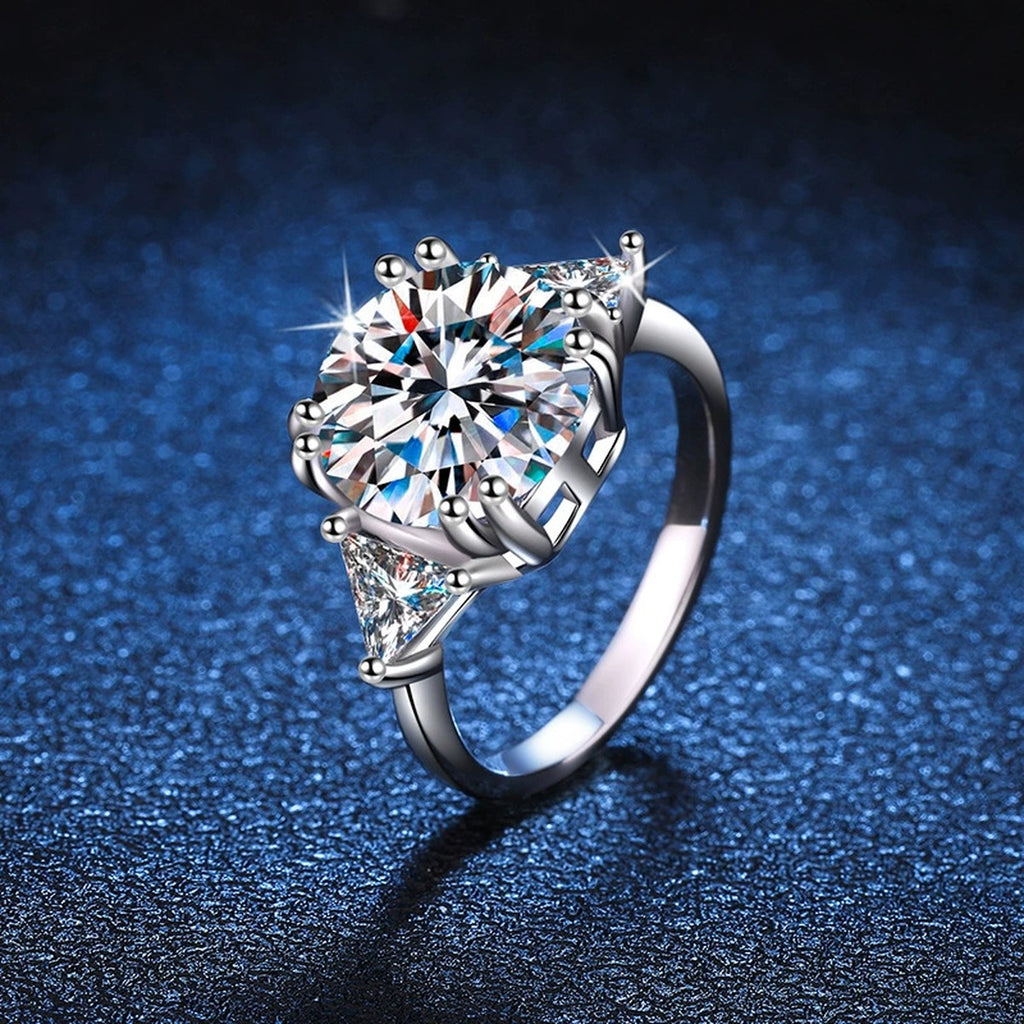 Round Halo Moissanite Engagement Ring with CZ blue background product view