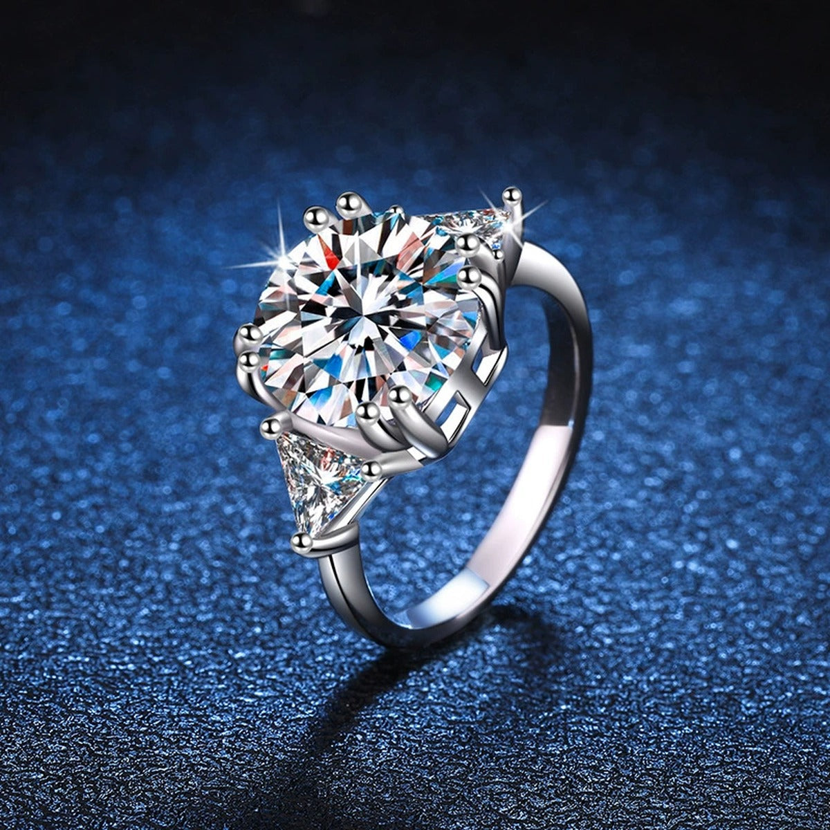 Round Halo Moissanite Engagement Ring with CZ blue background product view