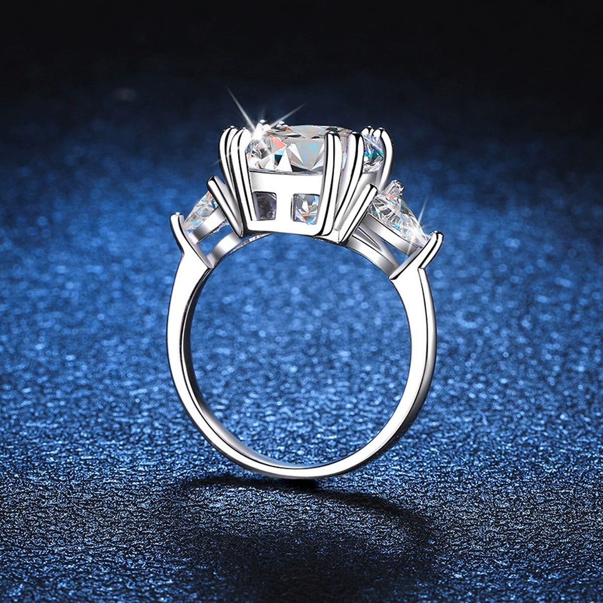 Round Halo Moissanite Engagement Ring with CZ blue background product view