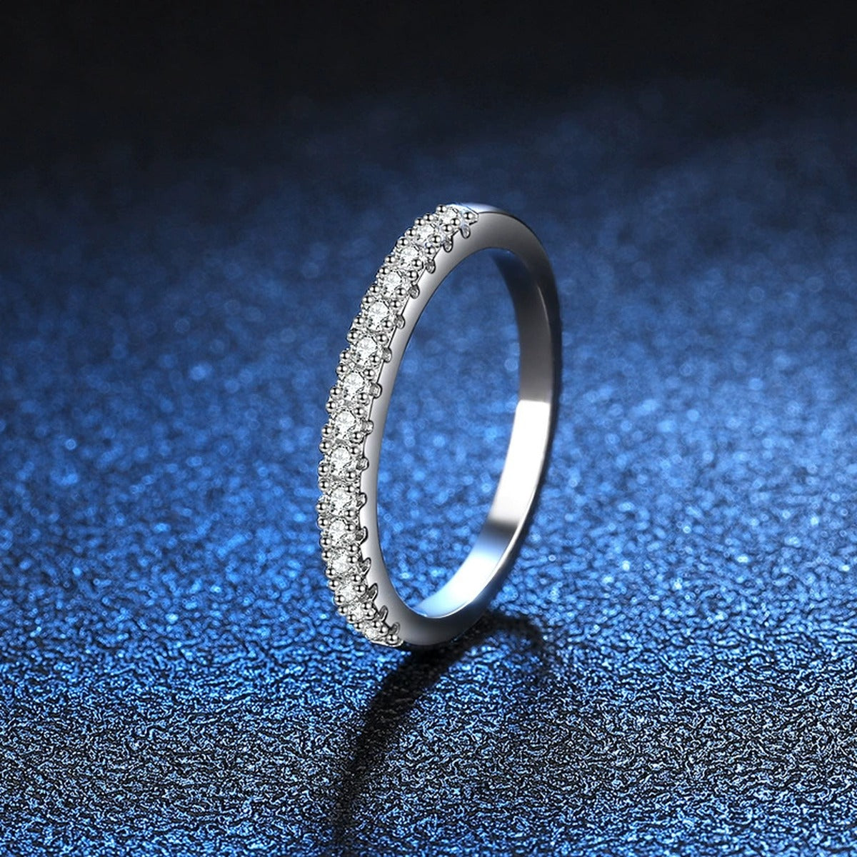 Moissanite Eternity Band Ring blue background product view