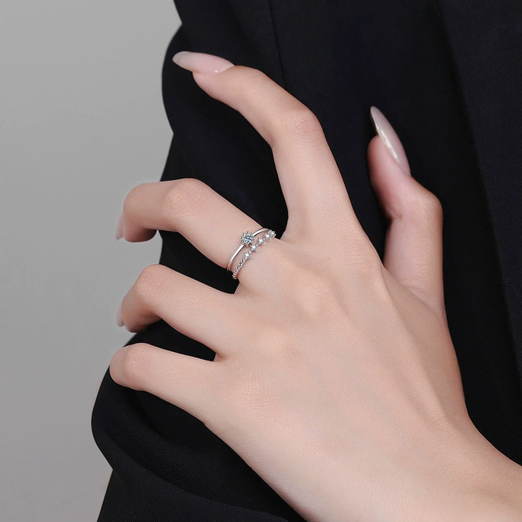Stackable Round Moissanite Ring Set with CZ worn on hand by model