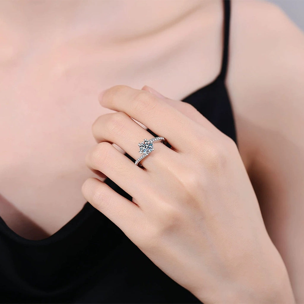 Round Solitaire Moissanite Ring with CZ worn on hand by model