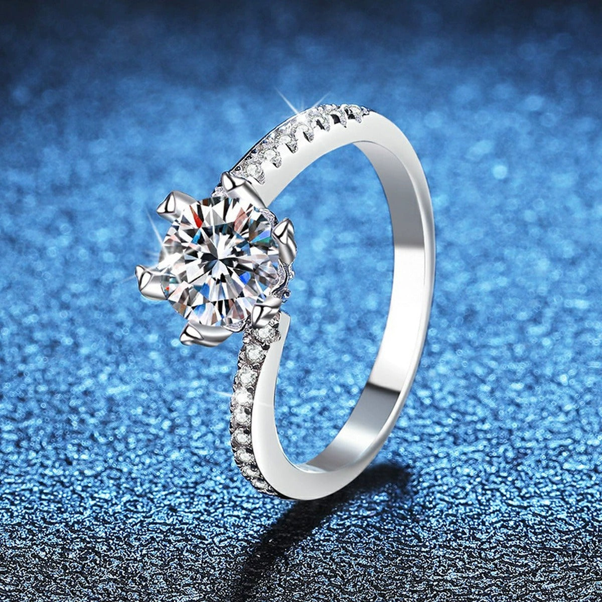Round Solitaire Moissanite Ring with CZ blue background product view