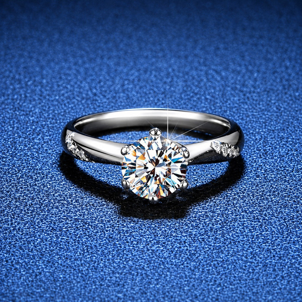 Round Moissanite Solitaire Ring with CZ blue background product view