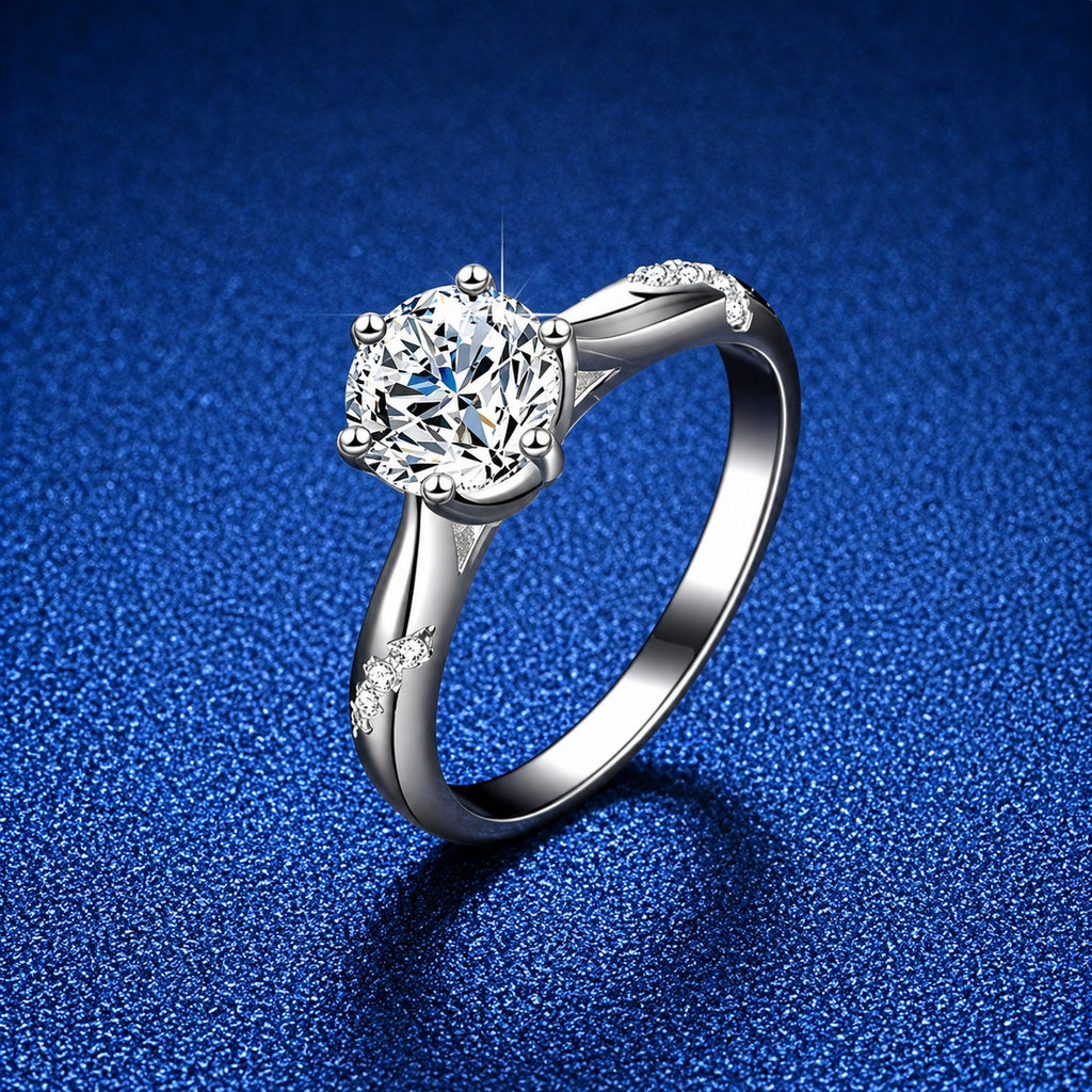 Round Moissanite Solitaire Ring with CZ blue background product view