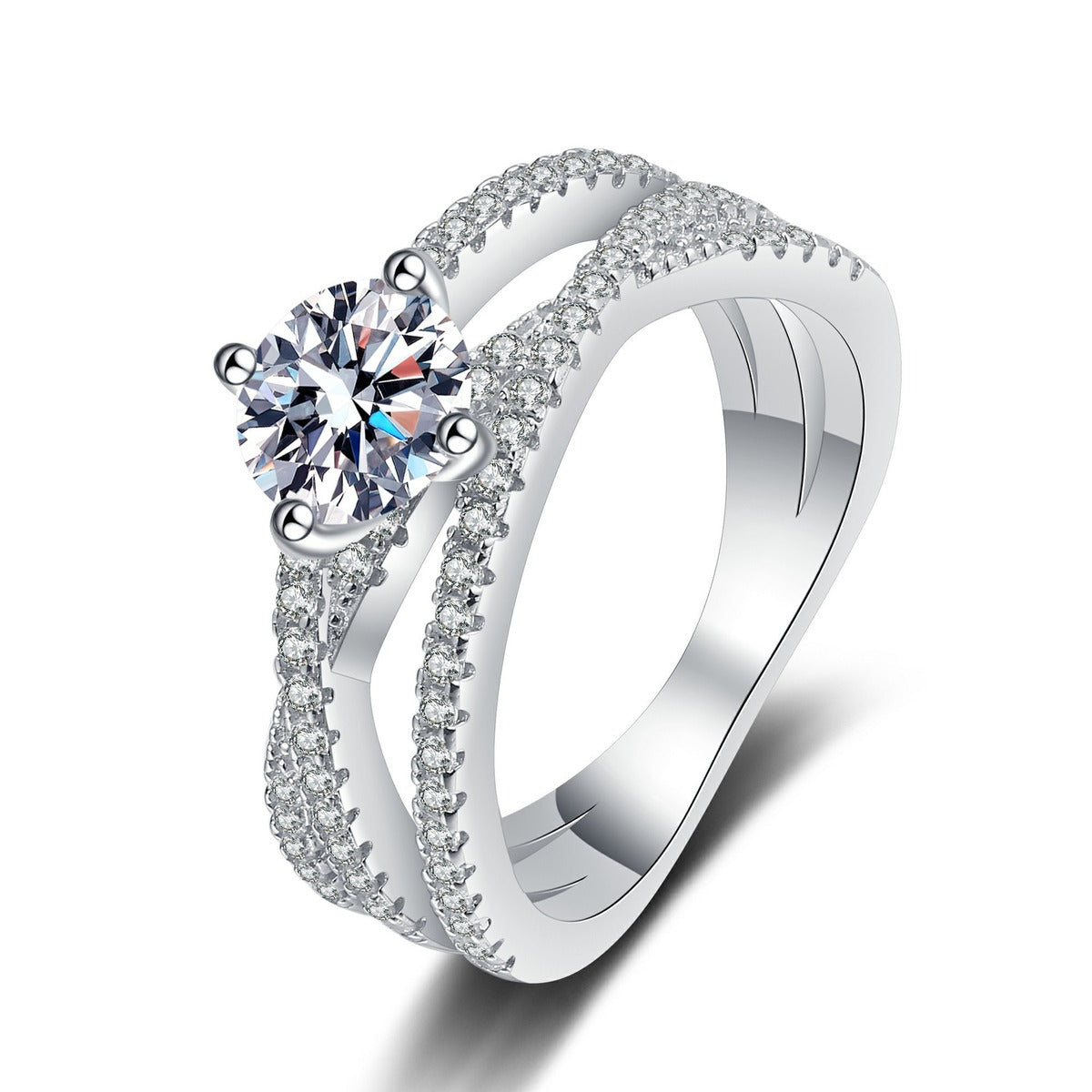 Split Shank Round Moissanite Ring with CZ white background product image