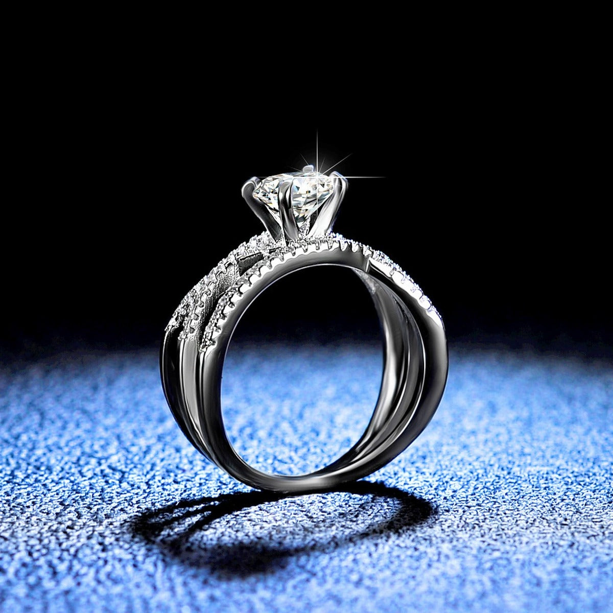 Split Shank Round Moissanite Ring with CZ blue background product view