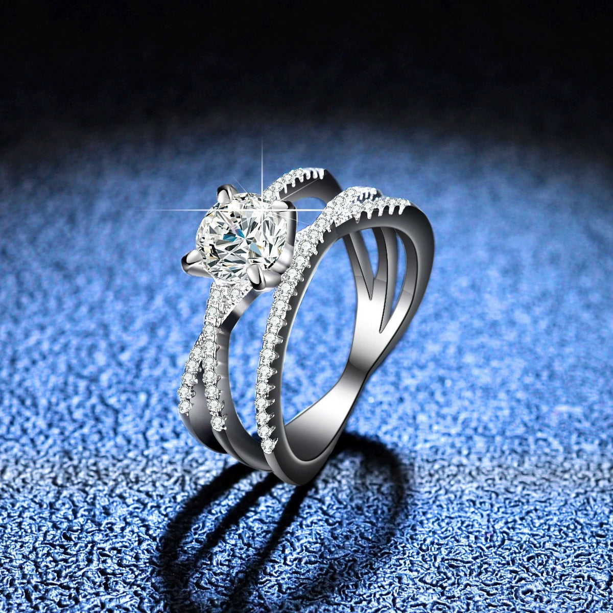 Split Shank Round Moissanite Ring with CZ blue background product view