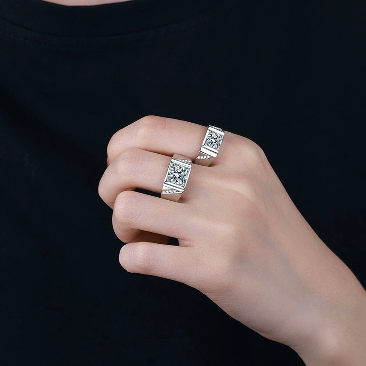 Men's Square Halo Moissanite Ring with CZ worn on hand by model