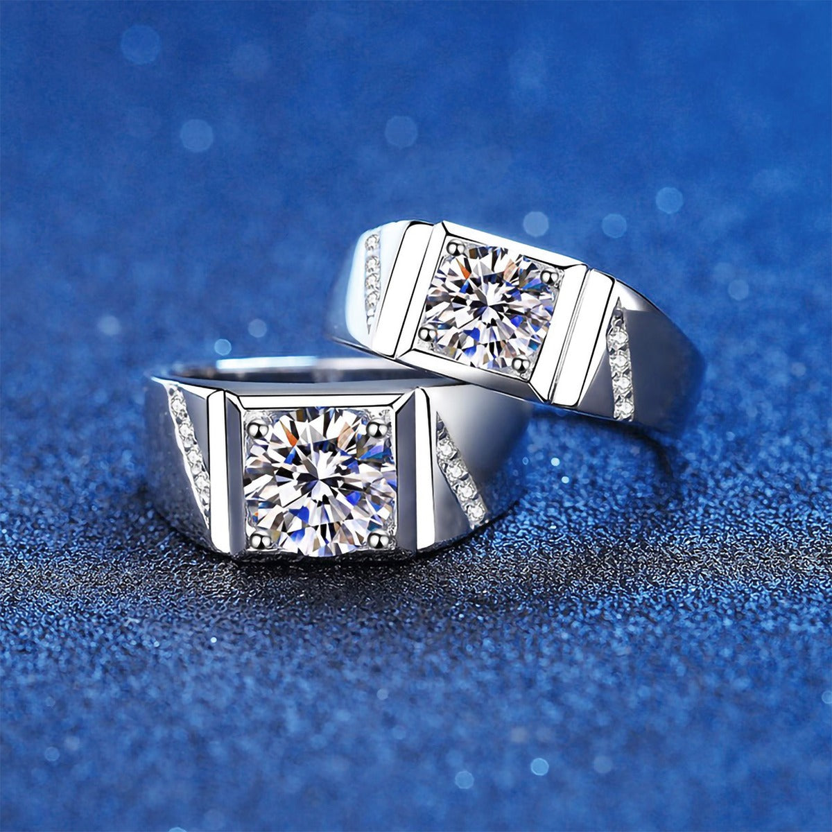 Men's Square Halo Moissanite Ring with CZ blue background product view