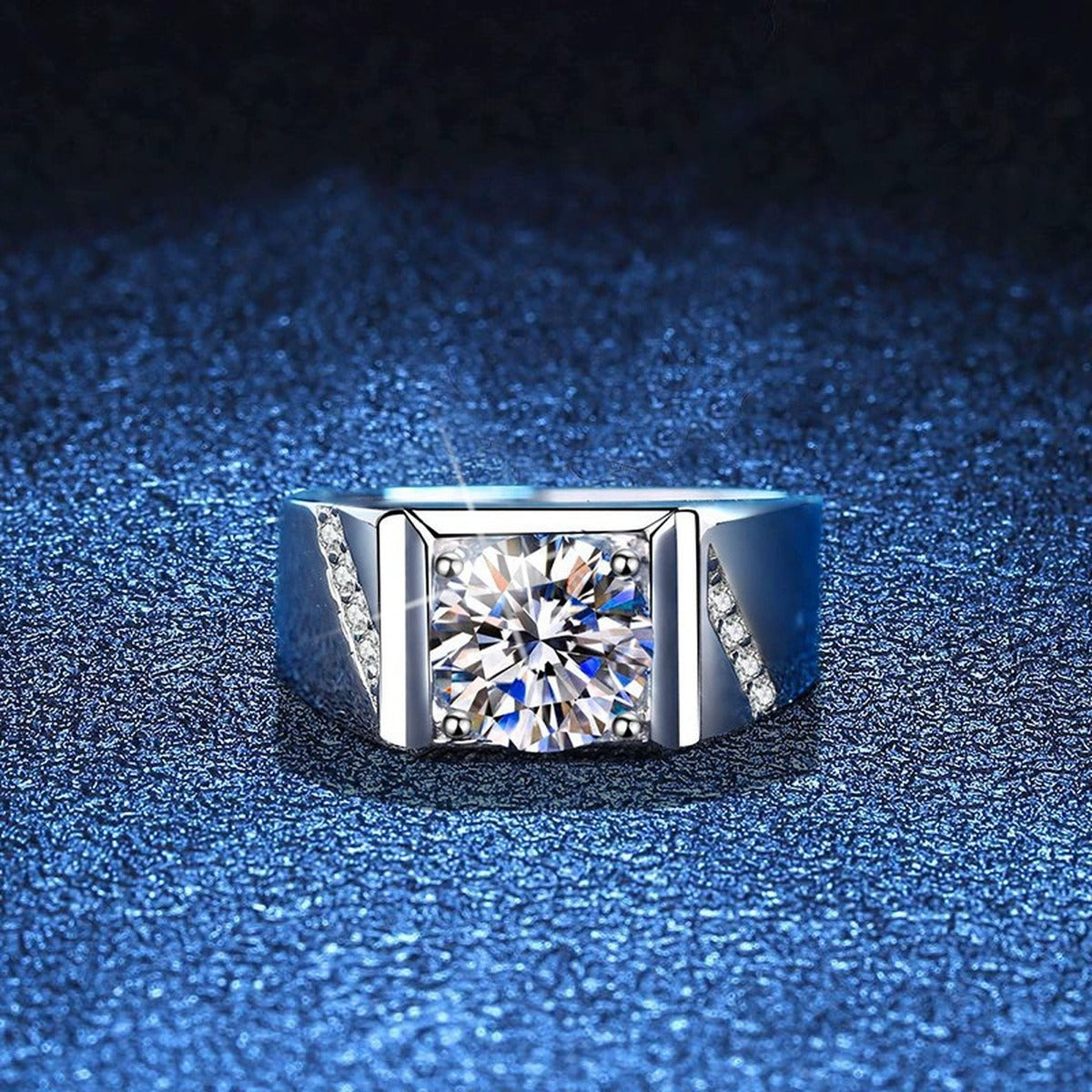 Men's Square Halo Moissanite Ring with CZ blue background product view