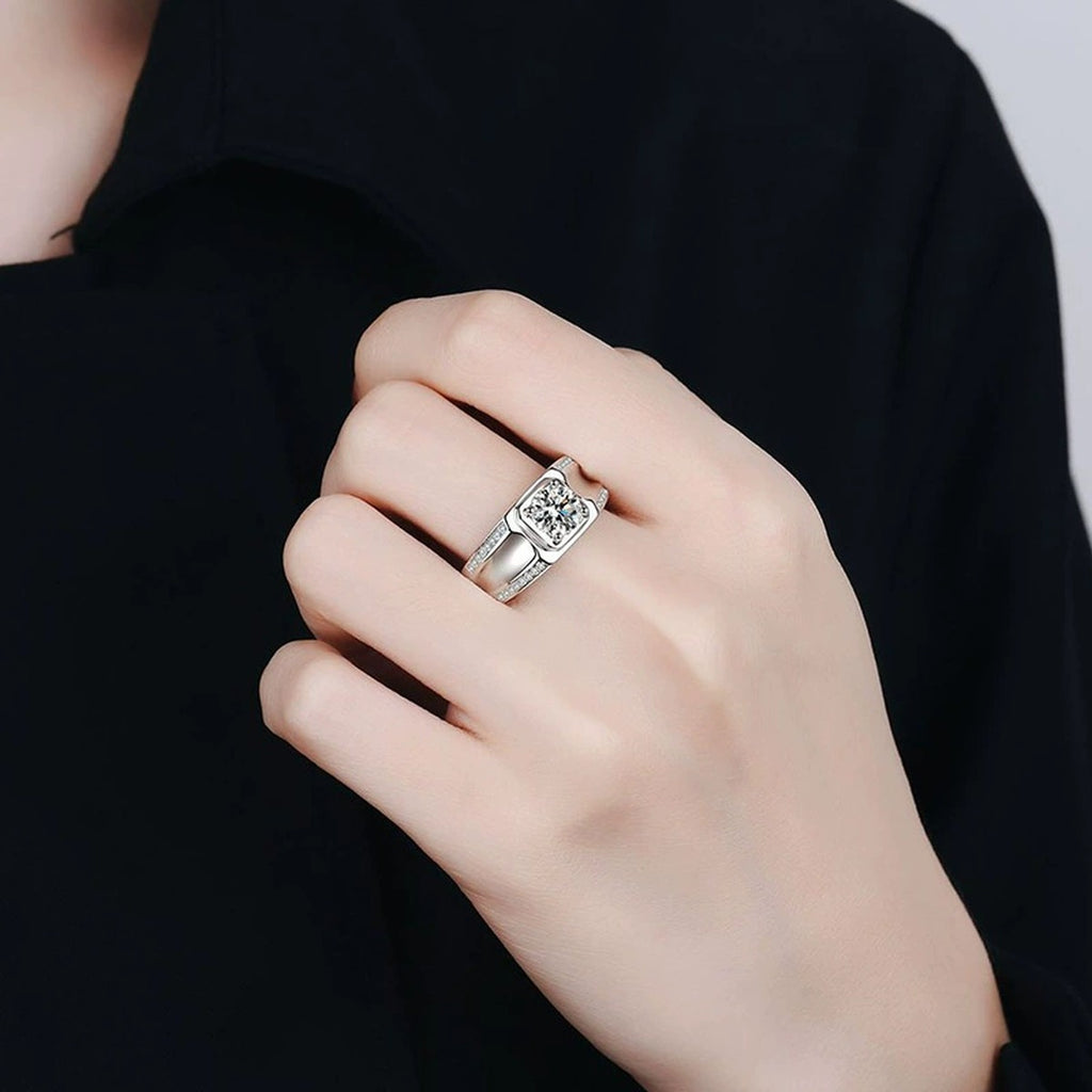 Men's Cushion Moissanite Ring with CZ worn on hand by model