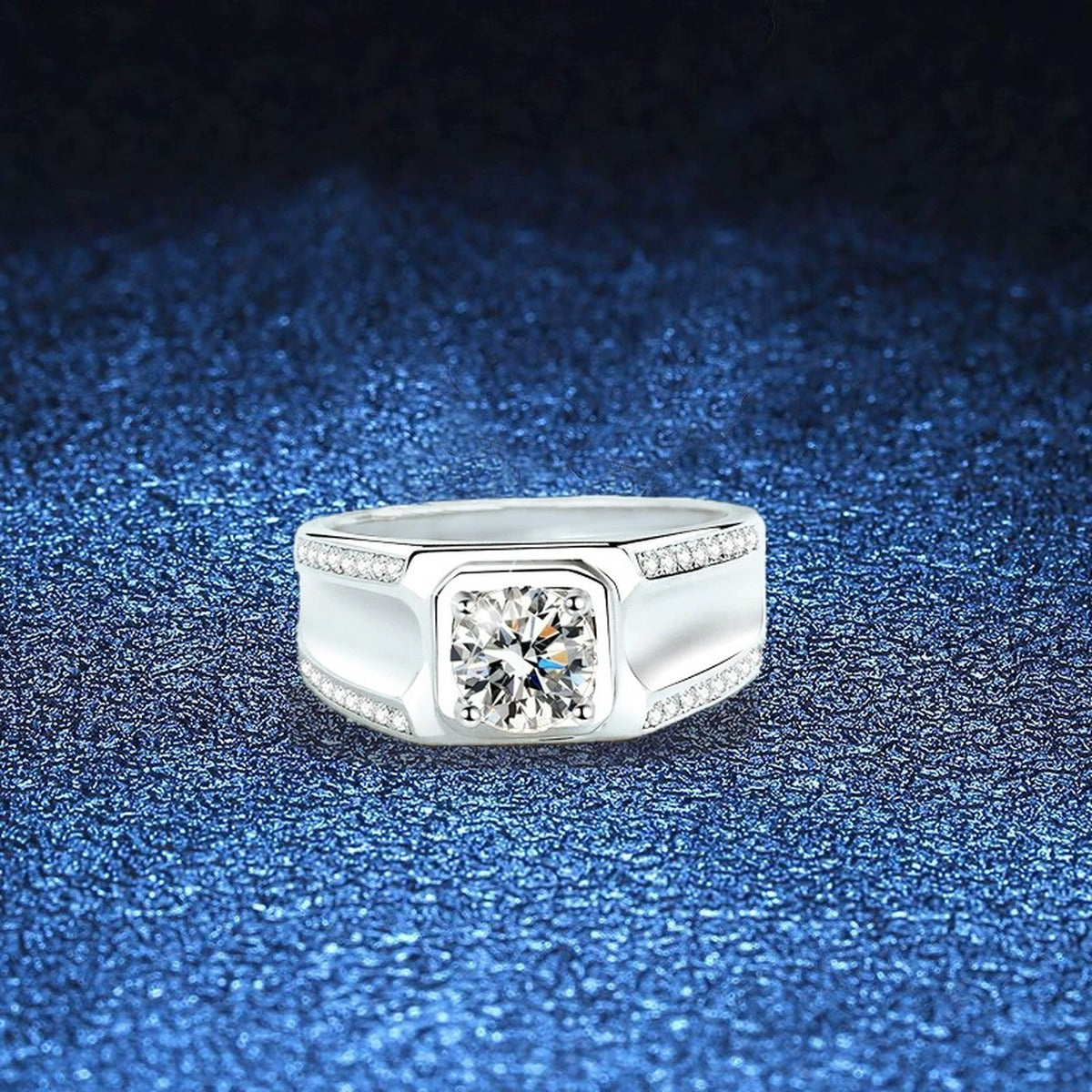 Men's Cushion Moissanite Ring with CZ blue background product view