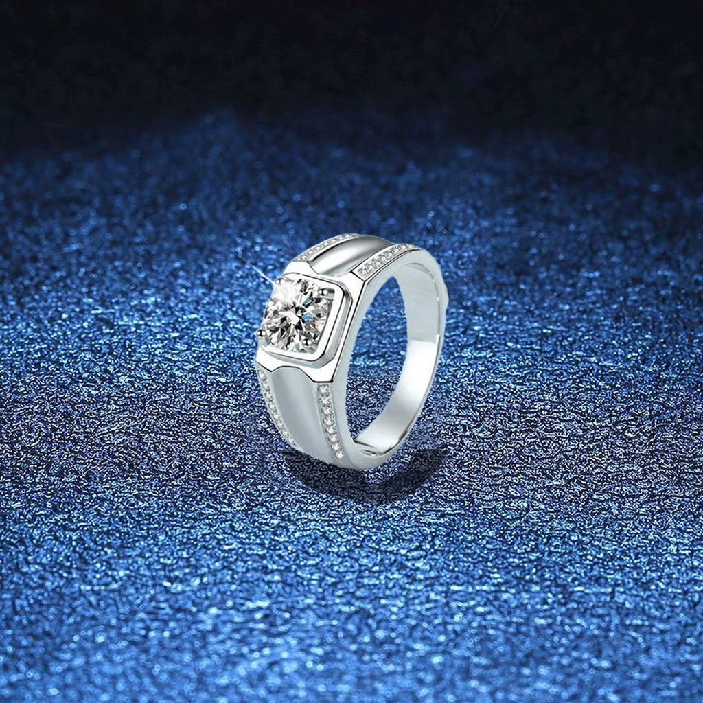 Men's Cushion Moissanite Ring with CZ blue background product view