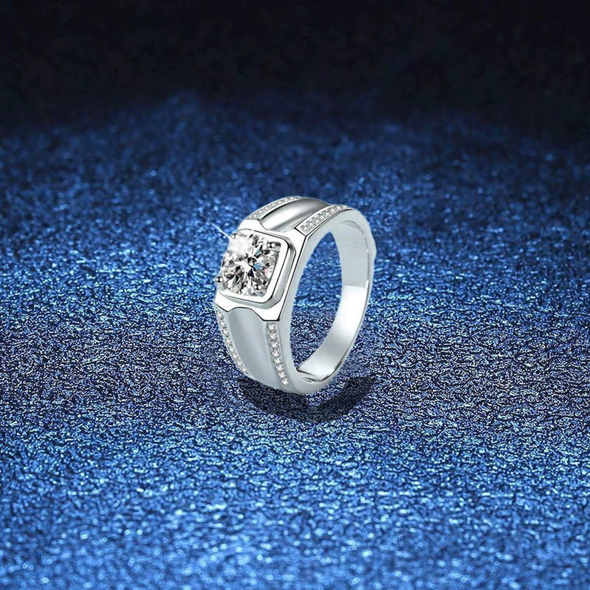 Men's Cushion Moissanite Ring with CZ blue background product view