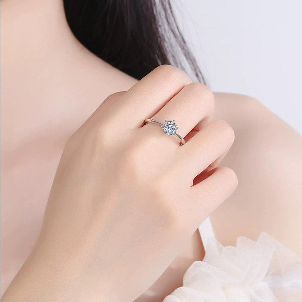 Round Moissanite Ring in White Gold-Plated S925 Sterling Silver worn by model