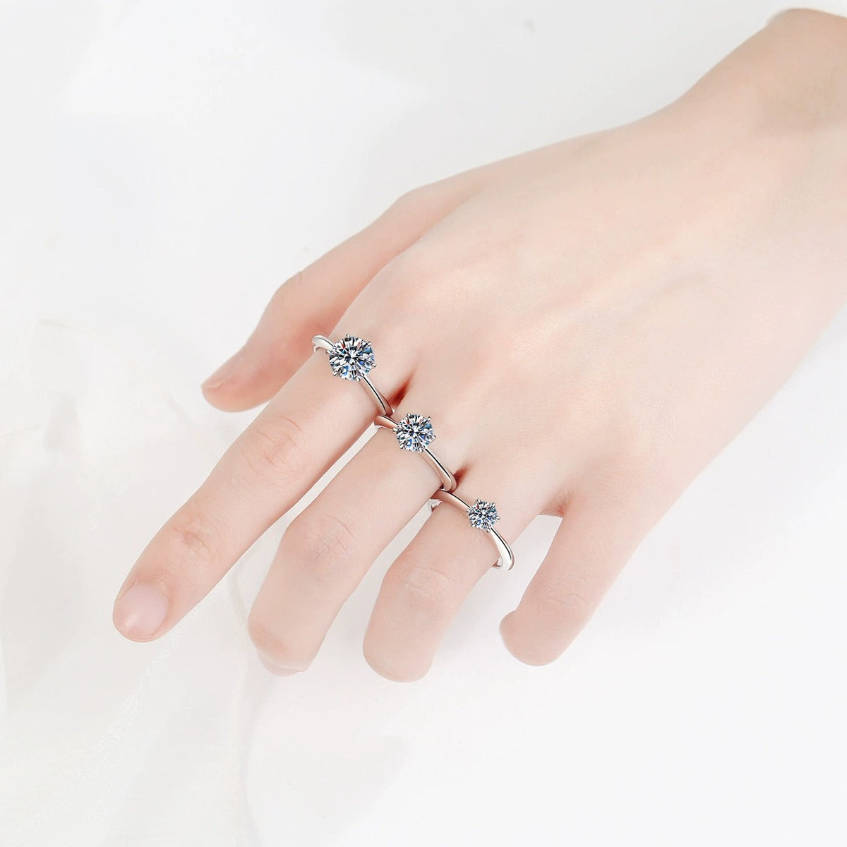 Round Moissanite Solitaire Ring worn on hand by model