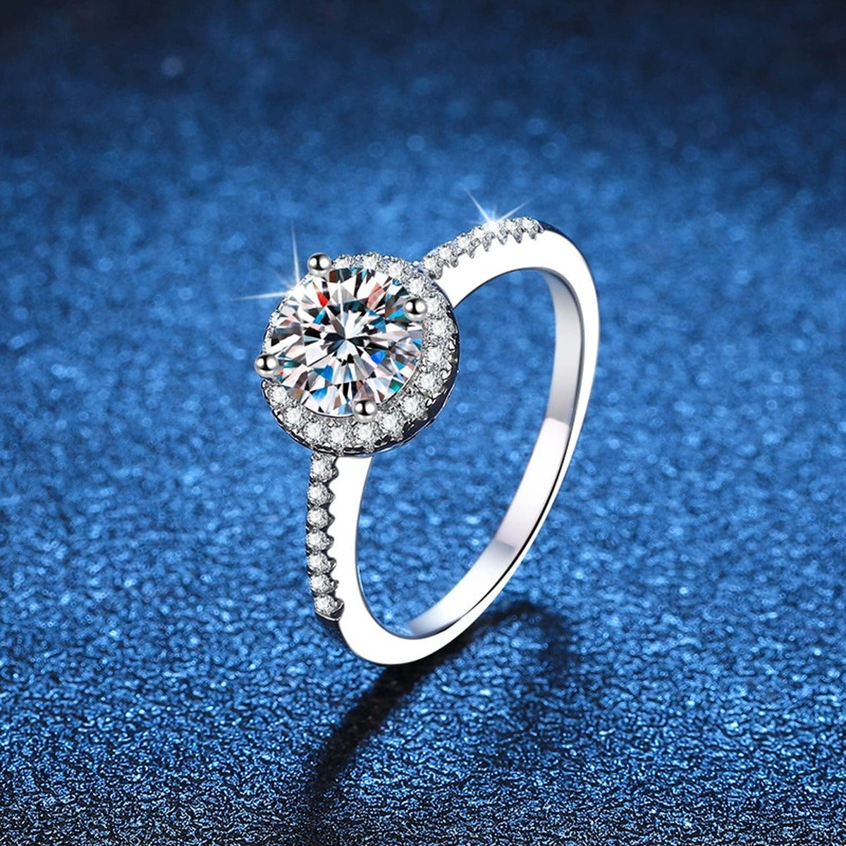 Round Halo Moissanite Engagement Ring with CZ blue background product view