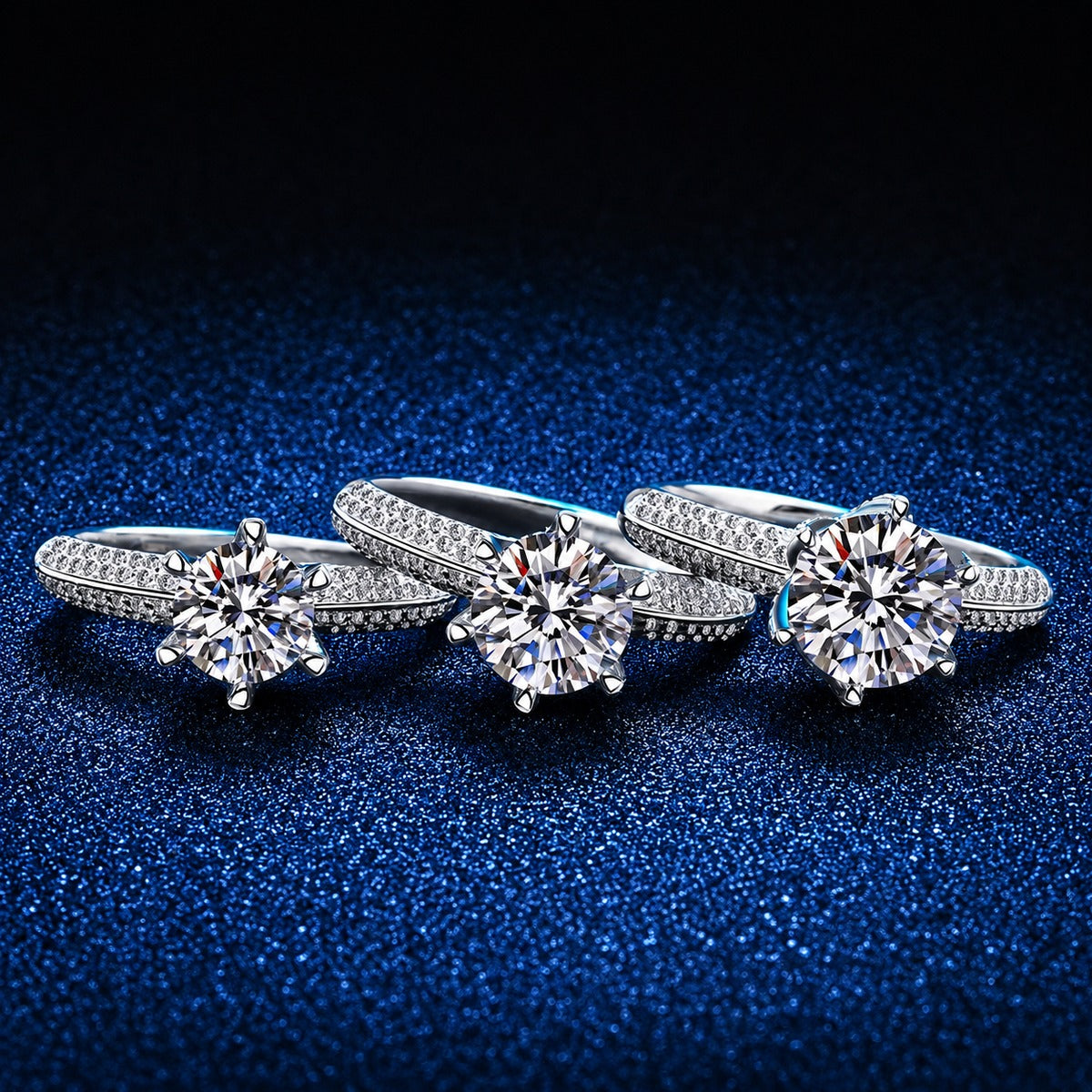 Split Shank Round Moissanite Ring with CZ blue background product view