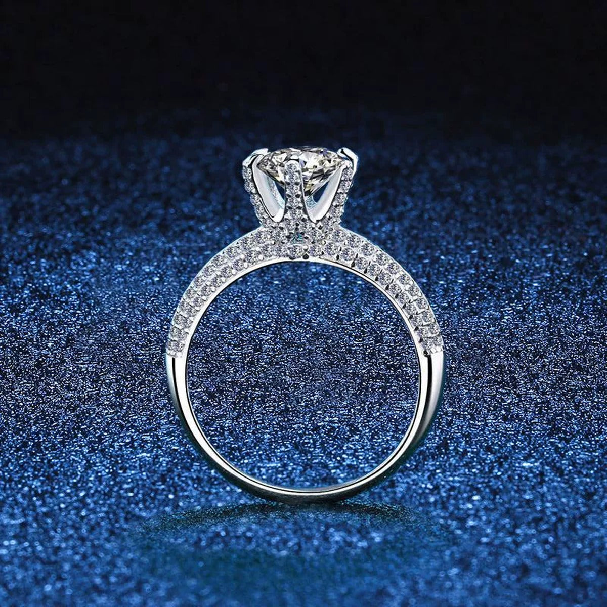 Split Shank Round Moissanite Ring with CZ blue background product view