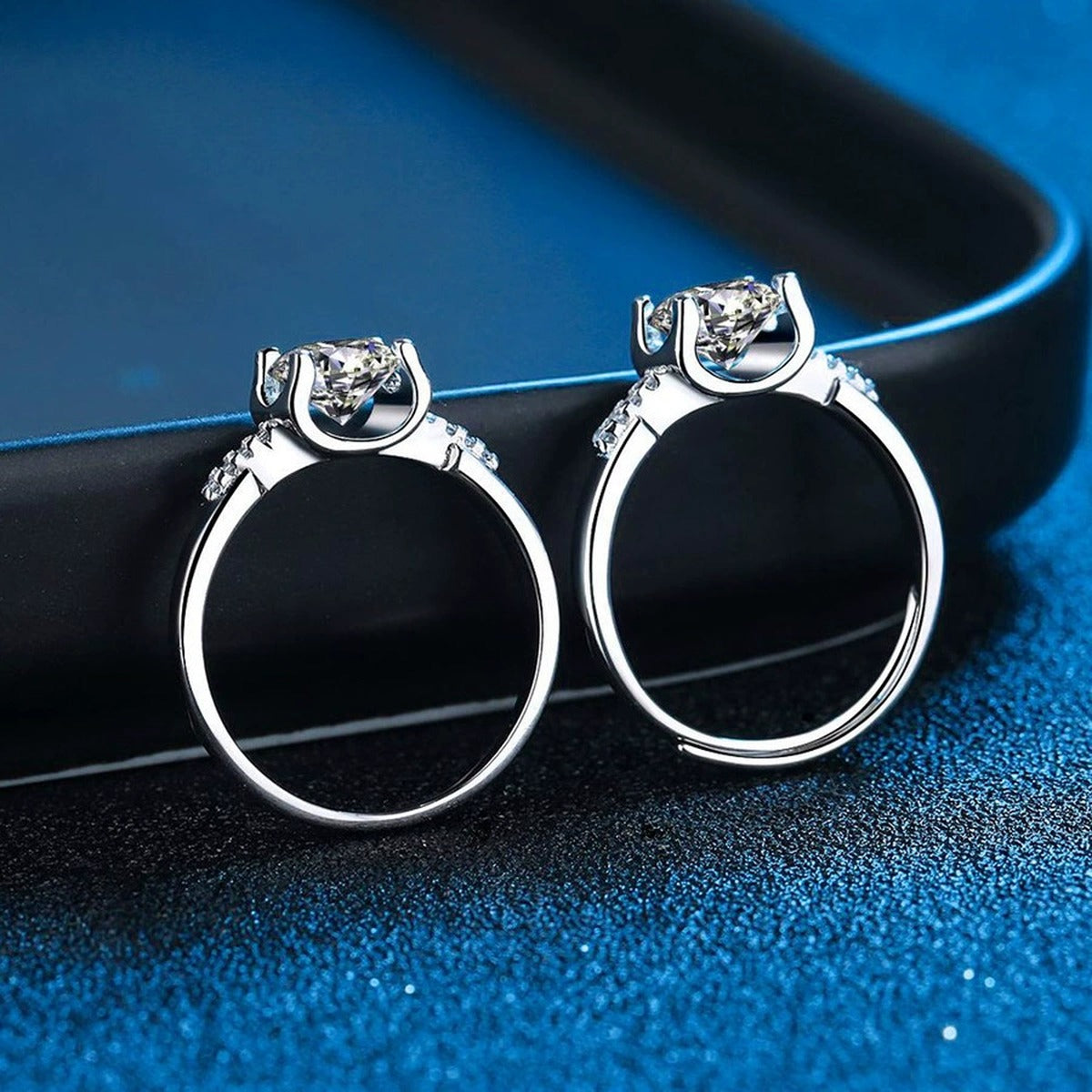 Round Moissanite Solitaire Ring with CZ blue background product view