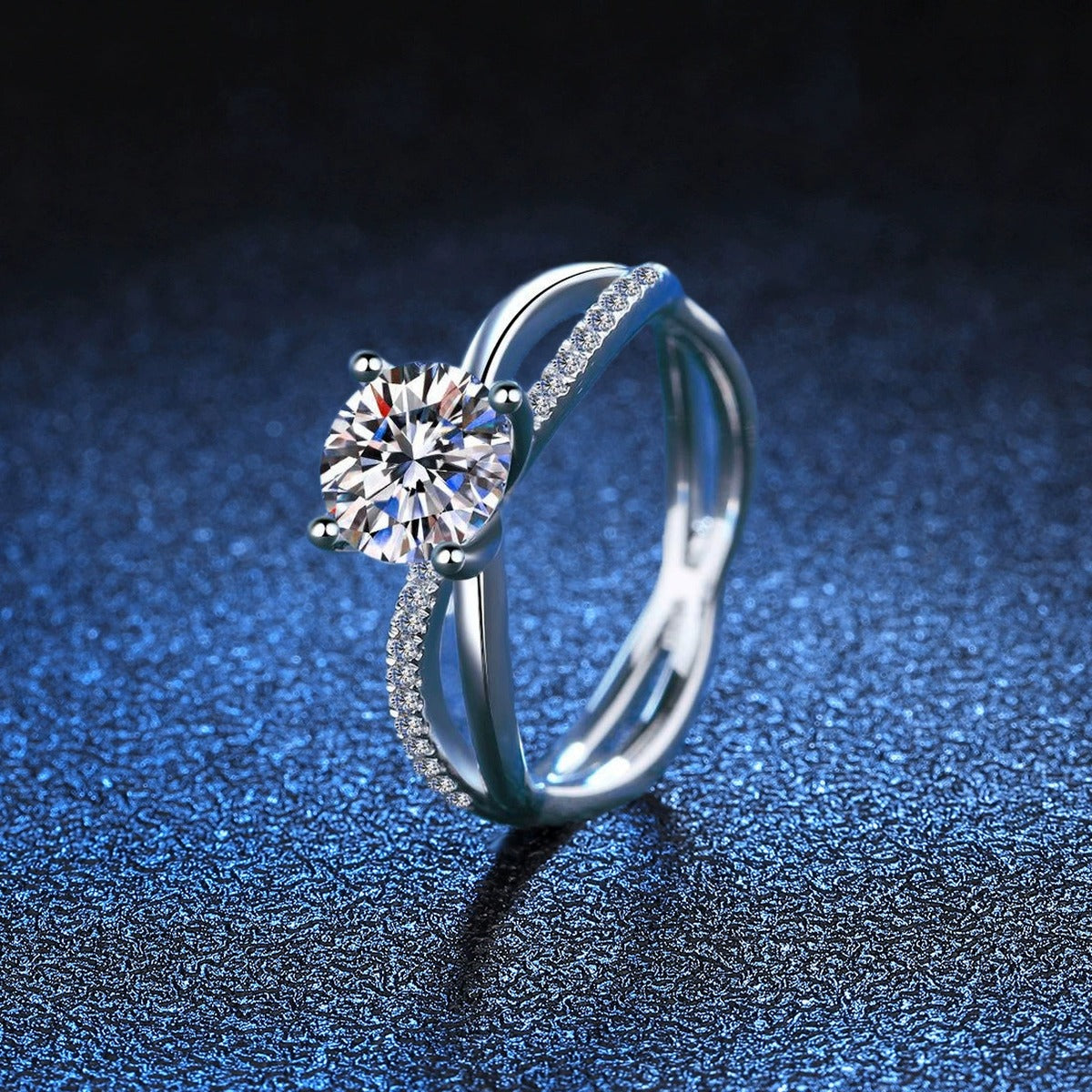 Interlocking Round Moissanite Ring with CZ blue background product view