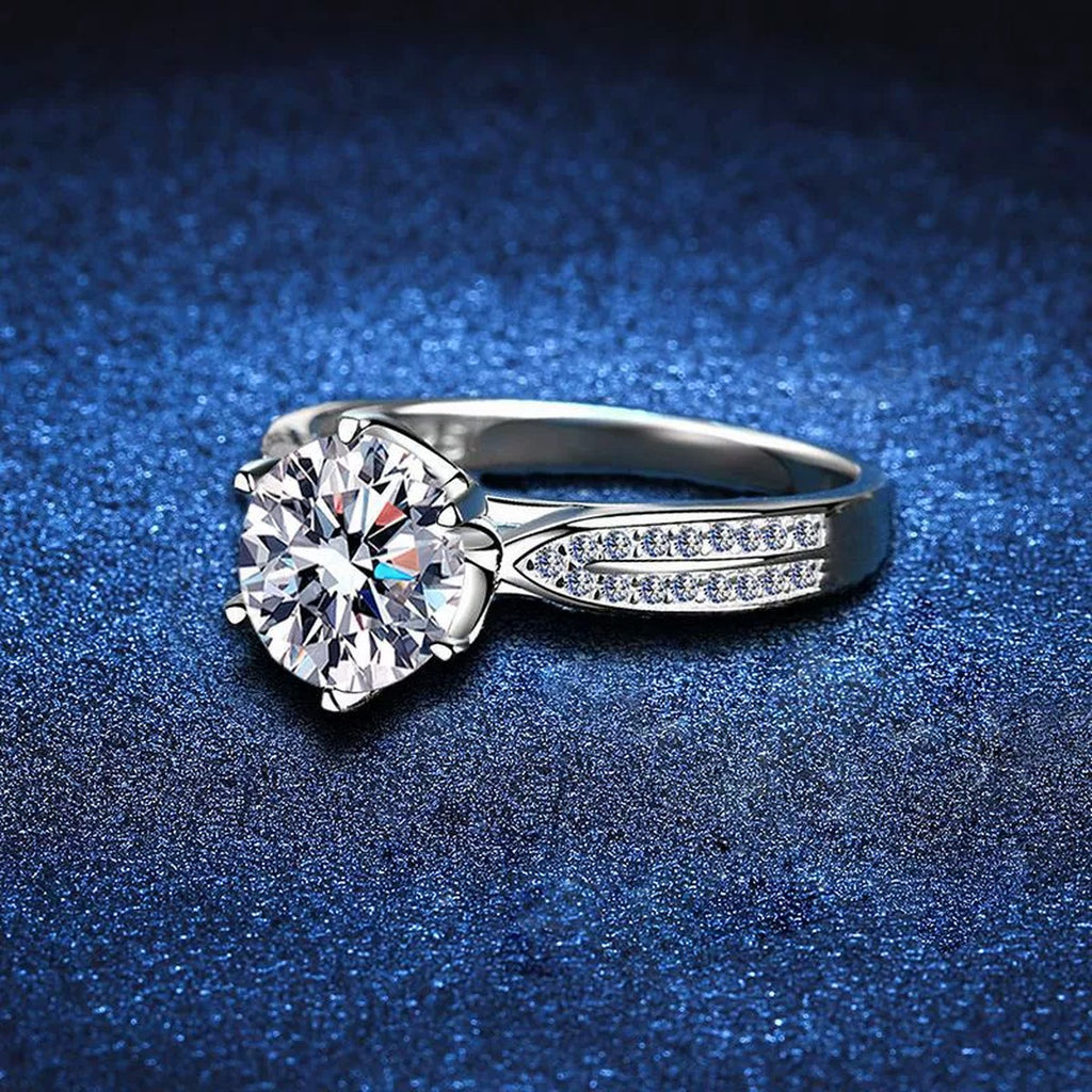 Round Moissanite Solitaire Ring with CZ blue background product view