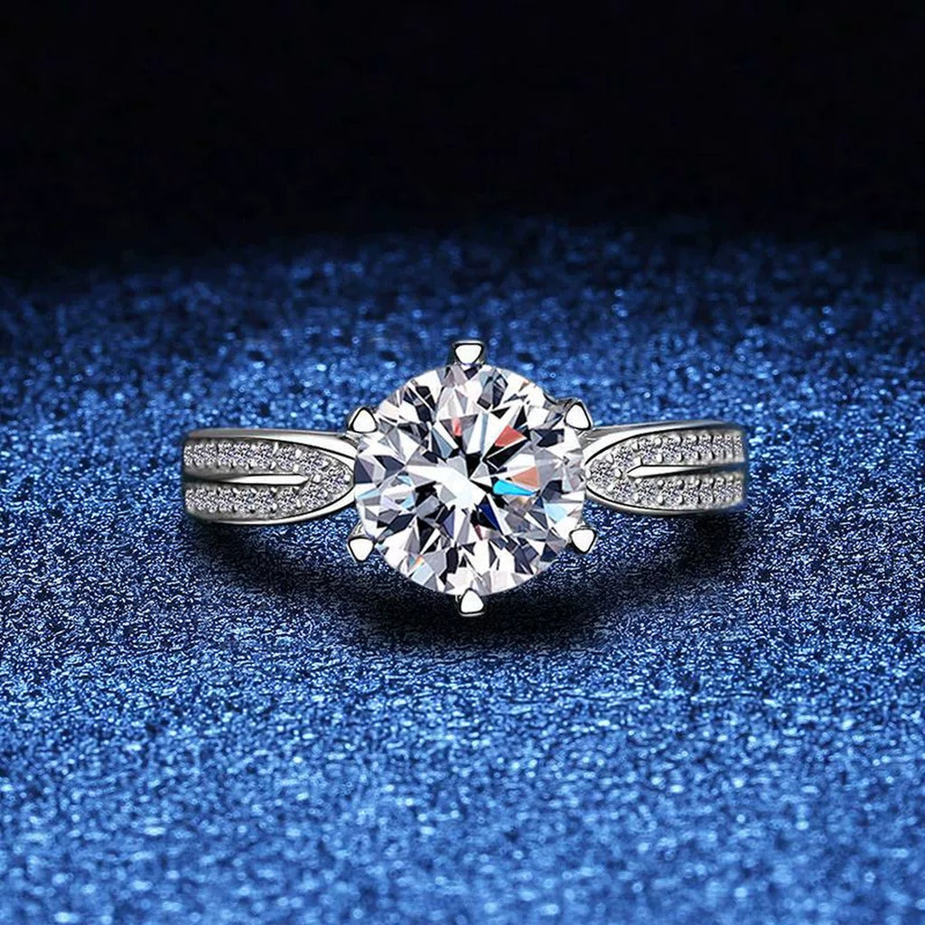 Round Moissanite Solitaire Ring with CZ blue background product view